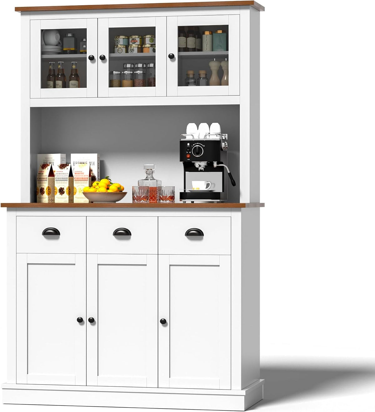 MU 71" Kitchen Pantry Cabinet with Charging Station, Tall Pantry Hutch with Drawers, Countertop & Microwave Shelf, Food Storage Cabinet for Dining Room & Coffee Bar, White