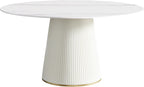 7-Piece Round Dining Table Set, 59" Faux Marble Kitchen Table Set for 6, Modern Dinner Room Table & Beige Wood Base for Kitchen, 6 PU Upholstered Chairs