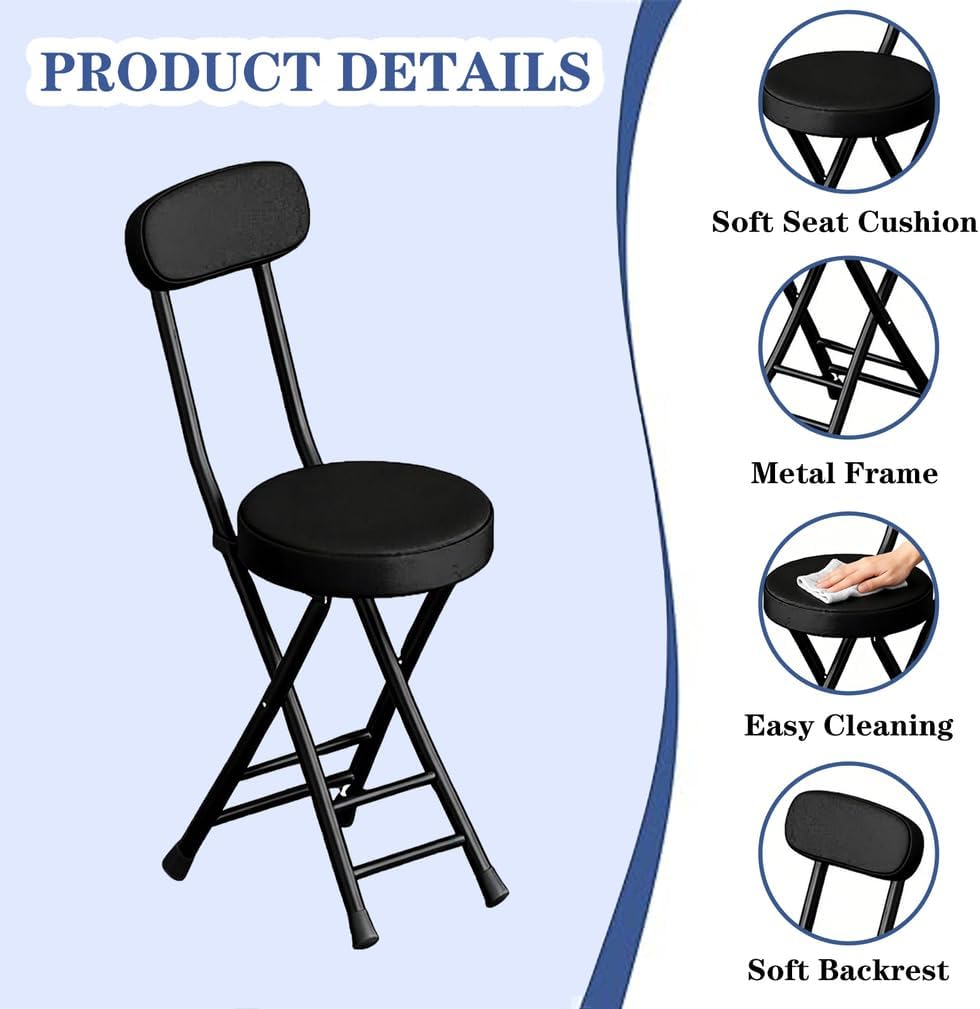 Folding Stool with Back, Padded Leather Round Foldable Stool, Foldable Bar Chairs, Round Portable Collapsible Stool for Gardening Kitchen Camping Cafe Indoor Outdoor,Black