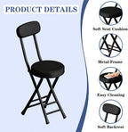 Folding Stool with Back, Padded Leather Round Foldable Stool, Foldable Bar Chairs, Round Portable Collapsible Stool for Gardening Kitchen Camping Cafe Indoor Outdoor,Black
