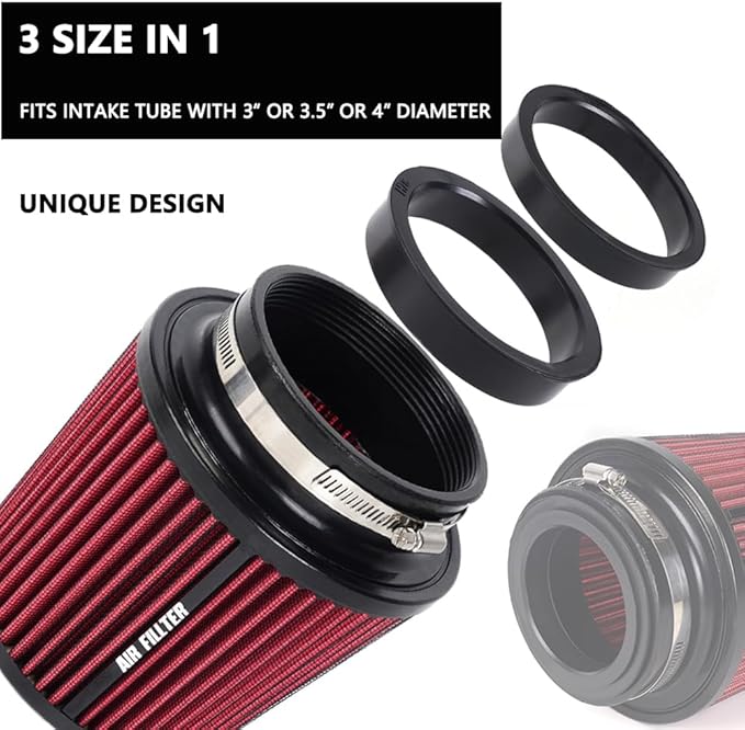 4-Inch Cold Air Intake Filter - Washable, High Performance, 3" or 3-1/2" or 4" Clamp-On Replacement Cone Air Filter Universal 3 Sizes in 1 Red