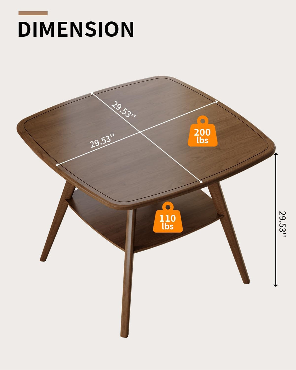 LKTART Small Dinner Table for 2, 29.5" Long Square Solid Wood Dining Table with Solid Wood Frame & Veneer Top, Compact Design with Shelf for Dinner Kitchen, Walnut
