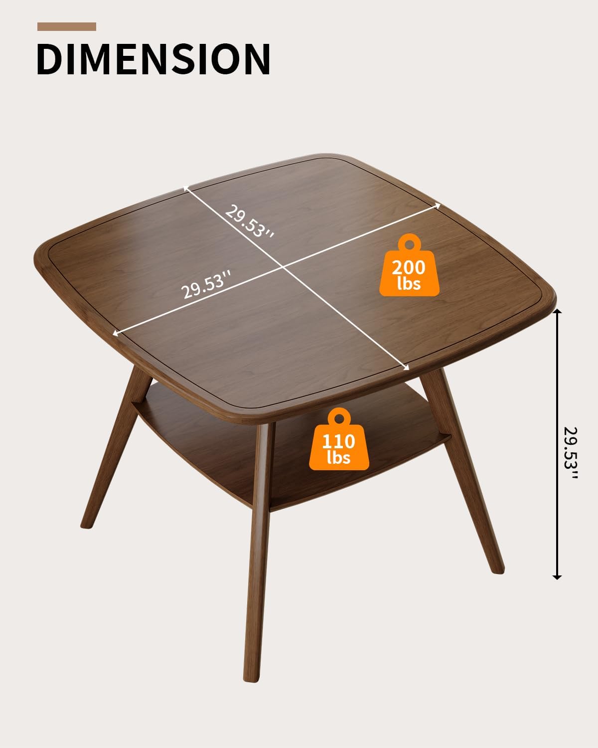 LKTART Small Dinner Table for 2, 29.5" Long Square Solid Wood Dining Table with Solid Wood Frame & Veneer Top, Compact Design with Shelf for Dinner Kitchen, Walnut