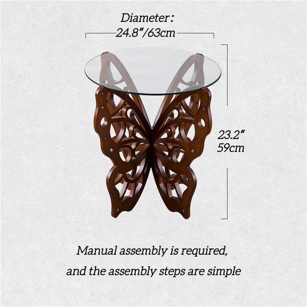 Butterfly Side Table, Tempered Glass Coffee Table with Solid Wood Base, Small Decorative End Table for Living Room, Balcony, and Bedroom(Clear)