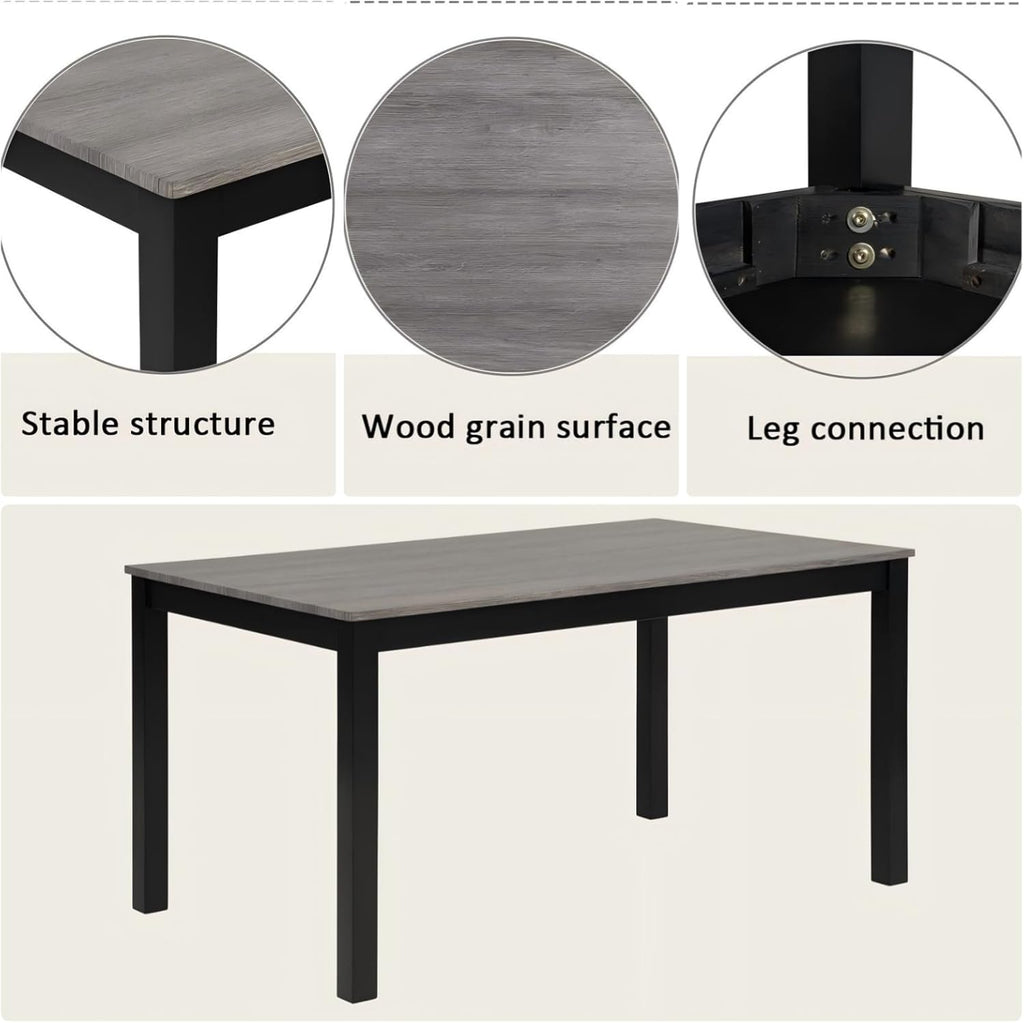 6 Piece Dining Table Set, Counter Height Kitchen Sets, Black | Rectangular Table, 4 Upholstered Backrest Chairs and a Bench, Wood Grain Surface, Modern Dining Room Table Set for 5