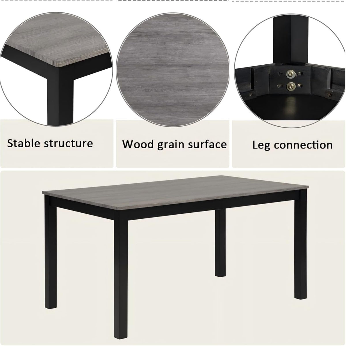 6 Piece Dining Table Set, Counter Height Kitchen Sets, Black | Rectangular Table, 4 Upholstered Backrest Chairs and a Bench, Wood Grain Surface, Modern Dining Room Table Set for 5