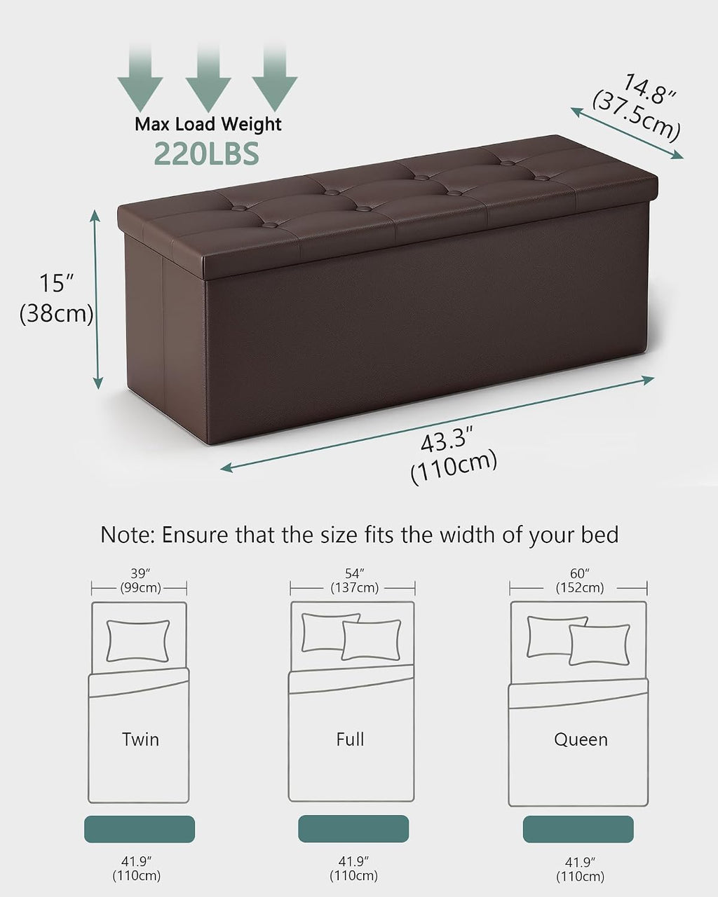 LITZFUR 43" Storage Ottoman Bench, Folding Faux Leather Chest, Brown | Stroage Box with 2 Dividers, Foot Rest Stool, Padded Seat for Bedroom, Entryway, Living Room