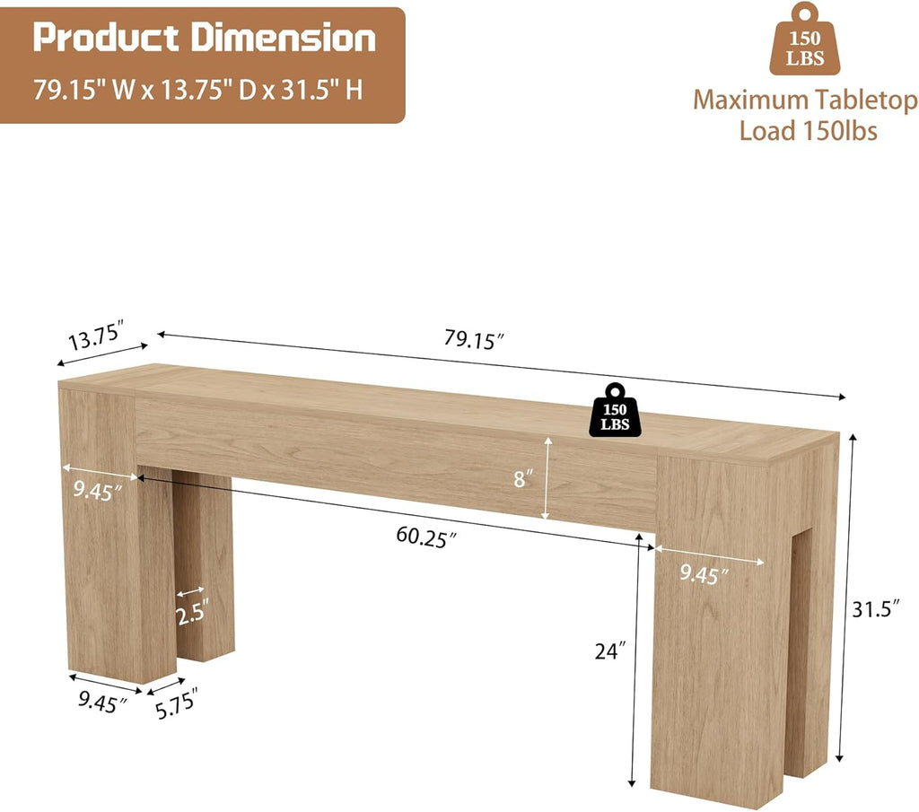Extra Long 79" Light Oak Wood Console Table for Entryway, Farmhouse Sofa Table Behind Couch, Large Rectangular Accent Table with Double Base for Living Room Hallway Foyer