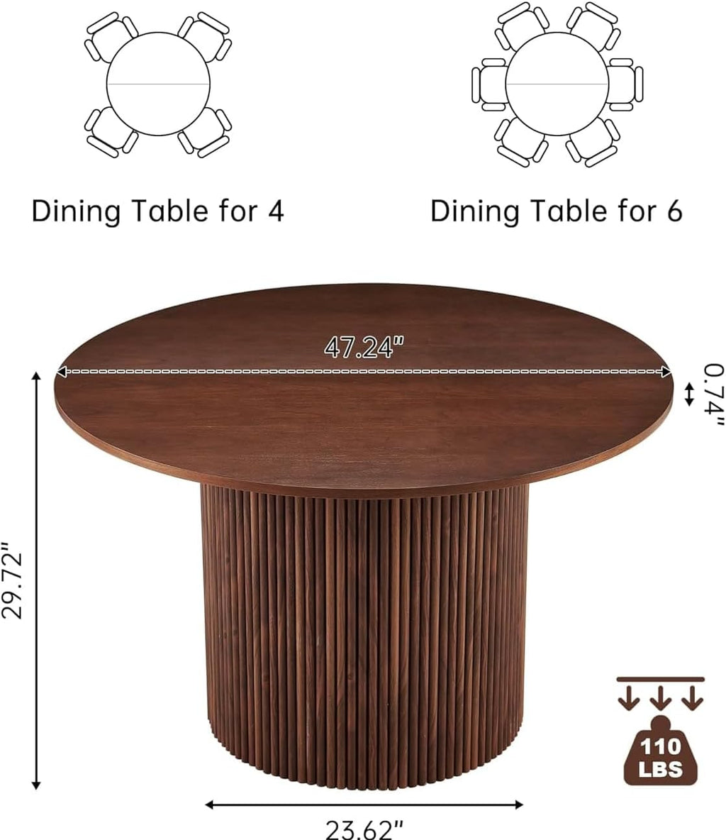 47" Round Dining Table for 4, Modern Farmhouse Kitchen Table, Walnut Wood Veneer Tabletop with Wood Strip Base, Kitchen & Dining Room Table