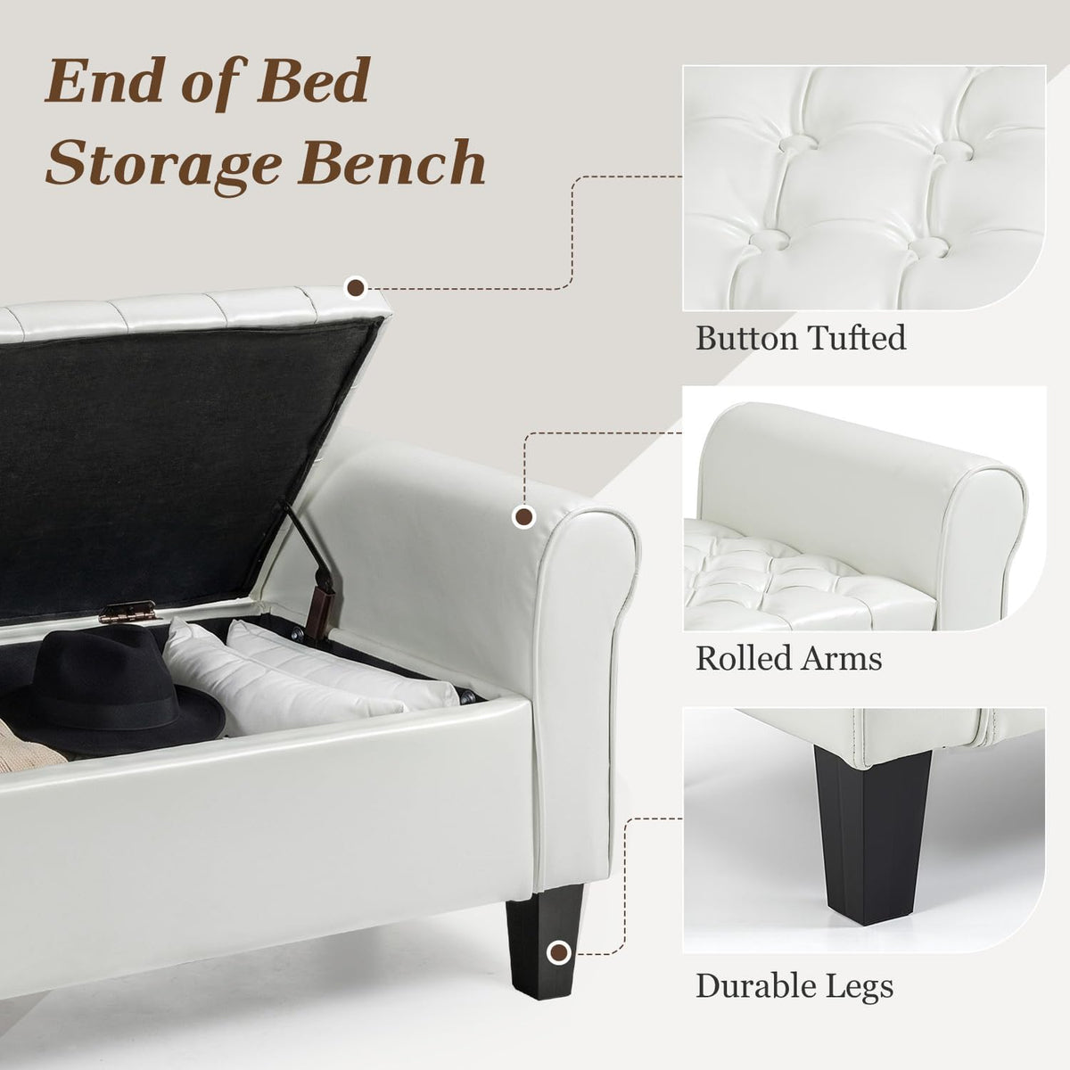 ECOTOUGE 55" Storage Ottoman Bench for Living Room, End of Bed Bench with Rolled Arm Leather Ottoman with Storage Upholstered Entryway Bench Retro Style Footboard Bench for Bedroom, Cream White
