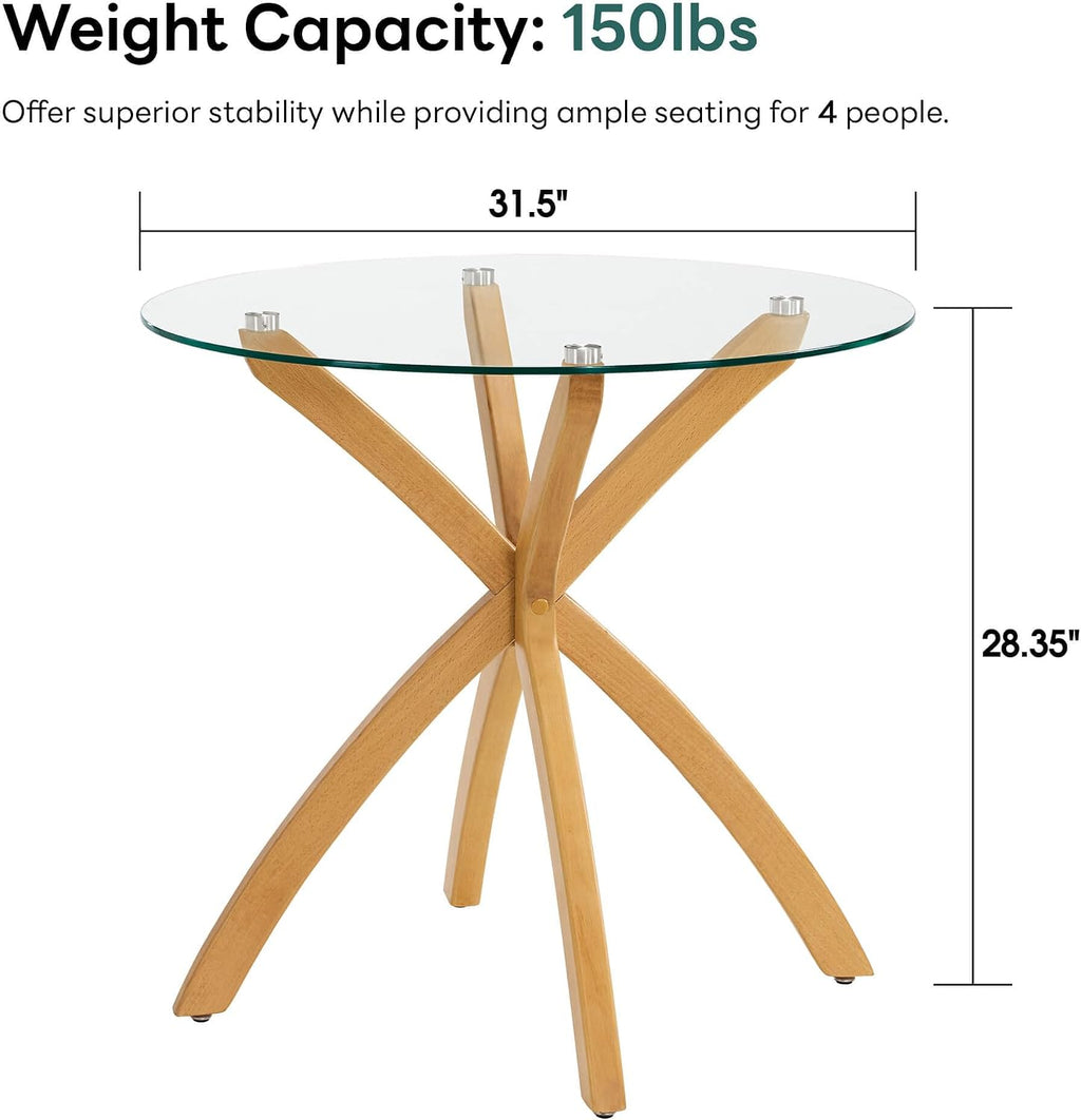 ivinta Small Glass Dining Table for 2-4 People, 31.5" Round Coffee Table with Solid Wood Legs, Mid-Century Modern Kitchen Table for Dining Room, Living Room, Restaurant, CURD-80 (Natural Wood)