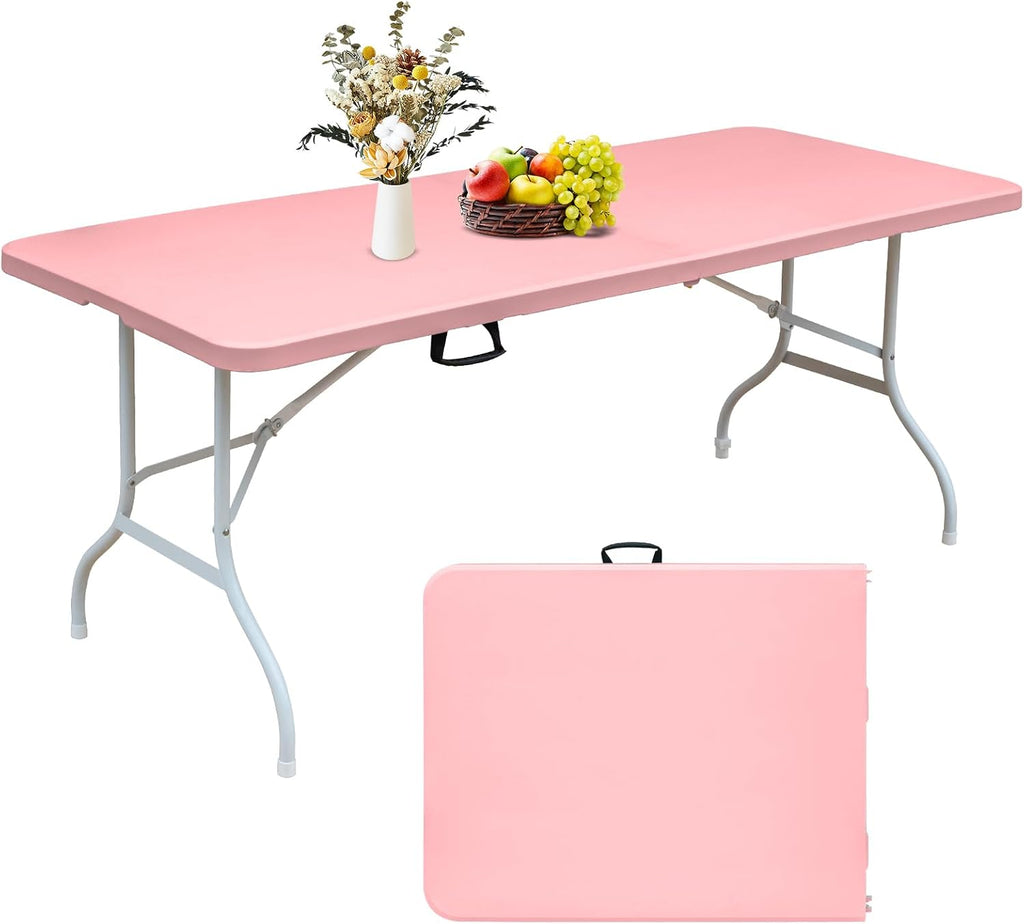 Portable 6Ft Plastic Folding Table, Heavy Duty 6ft Fold-in-Half Table with Carrying Handle, 6' Folding Utility Foldable Table for Picnic Party Camping Kitchen, Indoor/Outdoor (White)