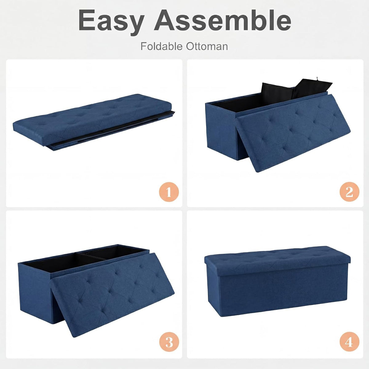 Sweetcrispy 43 Inch Folding Storage Ottoman Bench, Ottoman with Storage | Large Hidden Storage Chest with Padded Seat, Foot Rest Stool, End of Bed Bench for Bedroom, Living Room, Linen Fabric, Blue