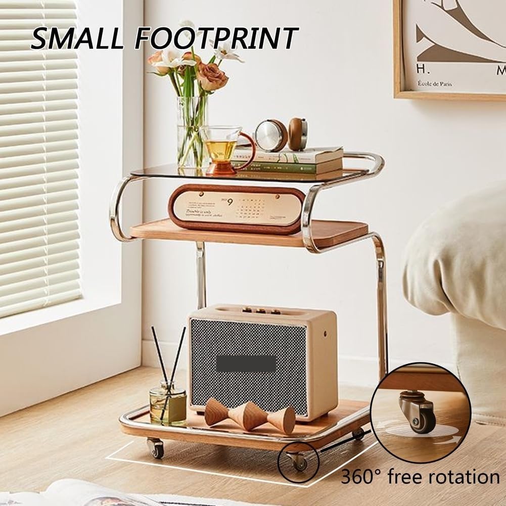 3 Tier Side Table with Glass Desktop TV Tray End Table with Storage Shelf and Wheels Storage Cart for Living Room Space Saver