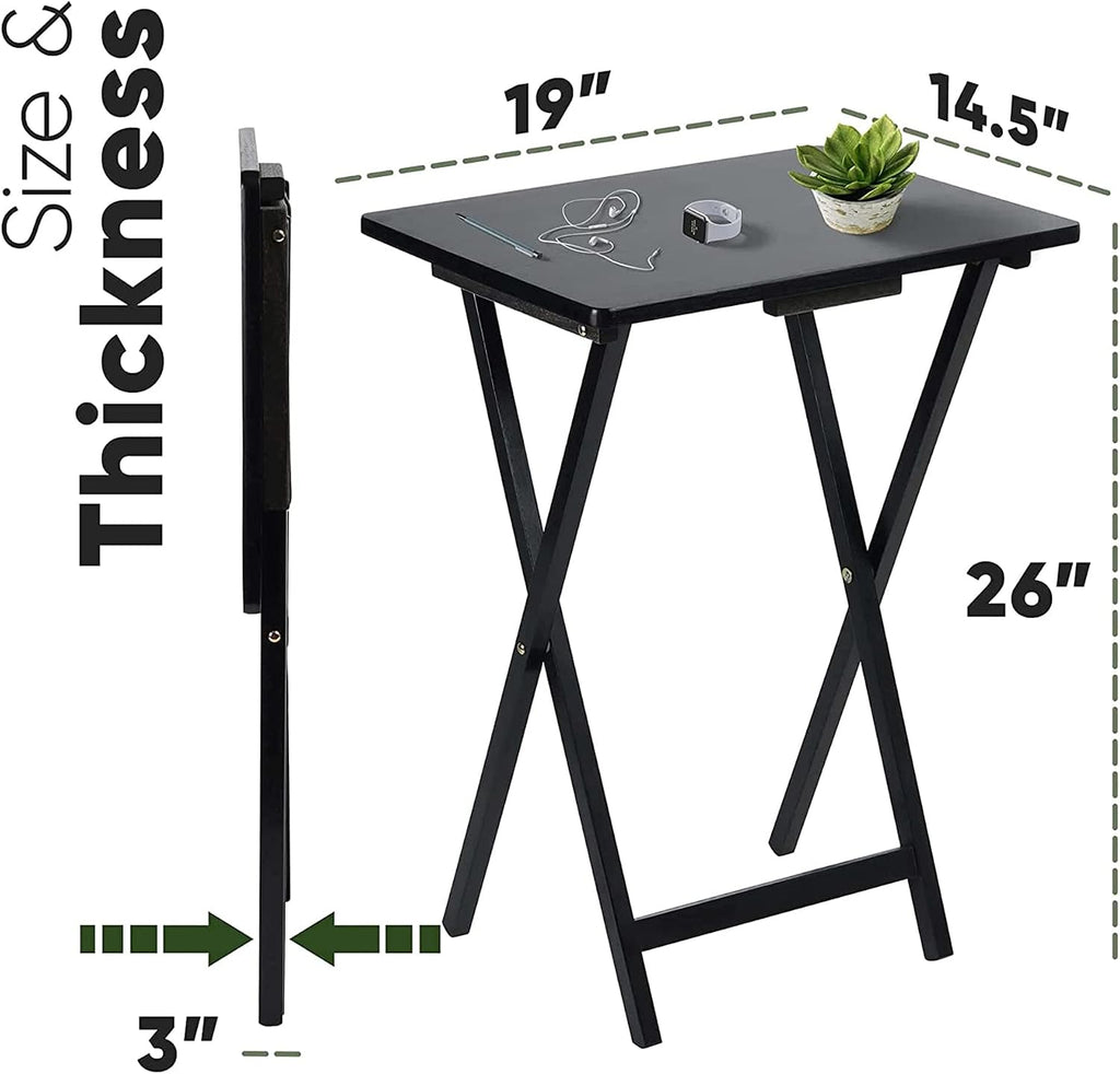 PJ Wood - Folding TV Tray Table Set of 2 - Black Collapsible Snack Tables | Solid Rubberwood Construction, Fully Assembled, 19.09 x 14.57 x 25.98 in, Cross Base Glide Feet, Storage Rack Included, 5 lb