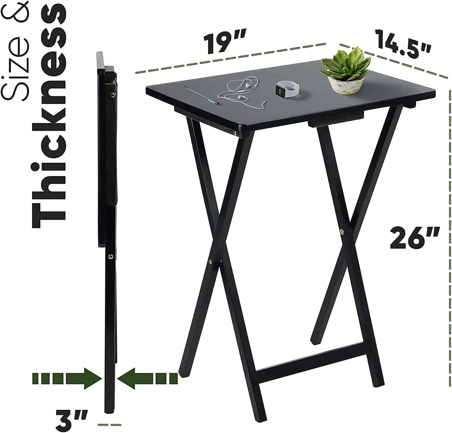 PJ Wood - Folding TV Tray Table Set of 2 - Black Collapsible Snack Tables | Solid Rubberwood Construction, Fully Assembled, 19.09 x 14.57 x 25.98 in, Cross Base Glide Feet, Storage Rack Included, 5 lb