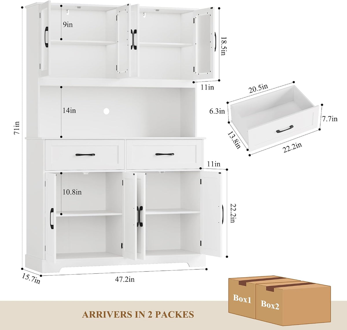 BOTLOG 71" Large Pantry Storage Cabinet with Microwave Stand | Tall Hutch Cabinet with Glass Doors 8 Storage Compartments for Dining Room, Modern White