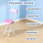 Folding Stool with Back, Padded Leather Round Foldable Stool, Foldable Bar Chairs, Round Portable Collapsible Stool for Gardening Kitchen Camping Cafe Indoor Outdoor,Pink