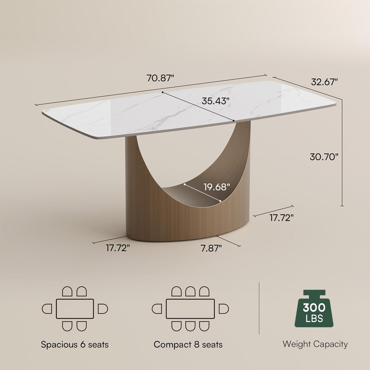 POVISON 71" Modern Dining Table for 6-8, Matte White Sintered Stone Top | Bronze Carbon Steel Pedestal Base, Hobart Minimalist Rectangular Table for Dining Room, Kitchen, Home（Table Only）