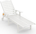 Ciokea Outdoor Chaise Lounge Chair, 5-Position Adjustable, White | HDPE All-Weather Chaise Lounge, UV Resistant, Armrests, Wheels, Cup Holder, 350 lbs Capacity, Outdoor Relaxation