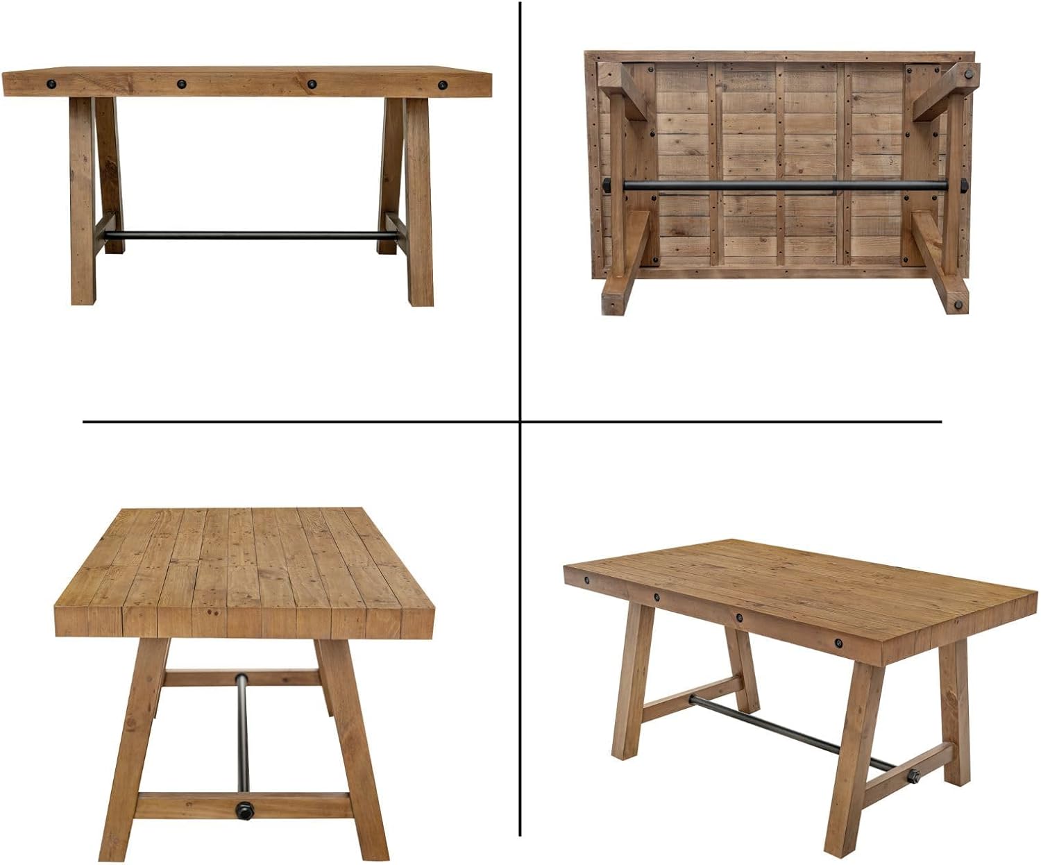 Rustic Dining Table for 4-6 People, 59" Farmhouse Rectangular Kitchen Table, Reclaimed Solid Wood Dining Room Table with Trestle Base for Kitchen/Dining Room, Home Office, Rustic Brown