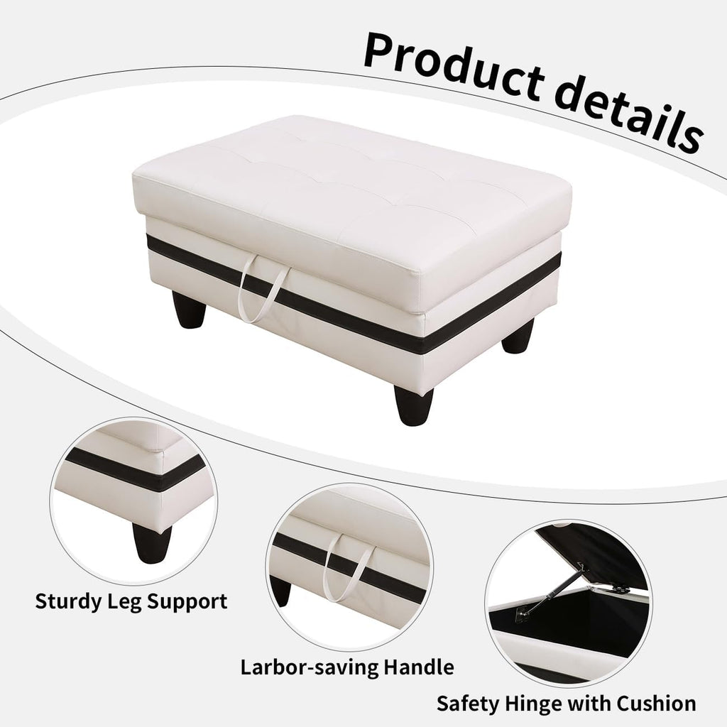 Leather Storage Ottoman Bench,33.5" Large Square Ottoman with Storage, Foot Rest Footstool Bench Coffee Table with Thick Cushion for Home Decor/Entryway/Living Room/Bedroom/Rv Car,White&Black