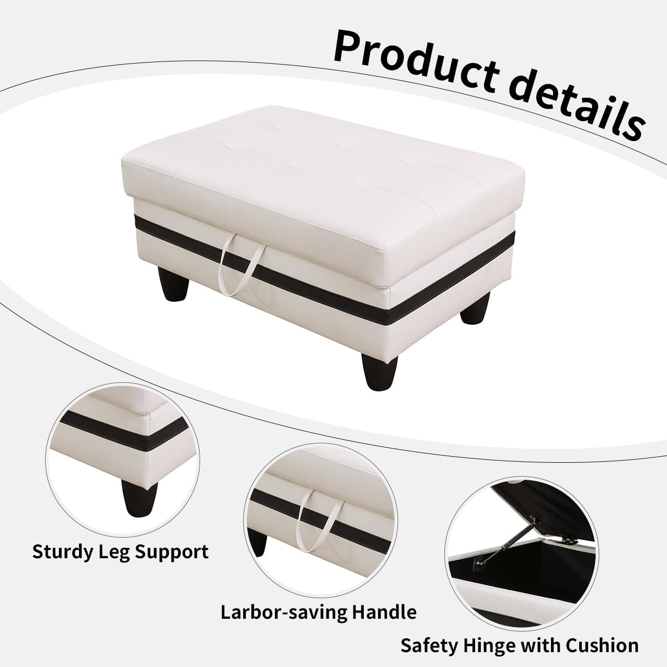 Leather Storage Ottoman Bench,33.5" Large Square Ottoman with Storage, Foot Rest Footstool Bench Coffee Table with Thick Cushion for Home Decor/Entryway/Living Room/Bedroom/Rv Car,White&Black