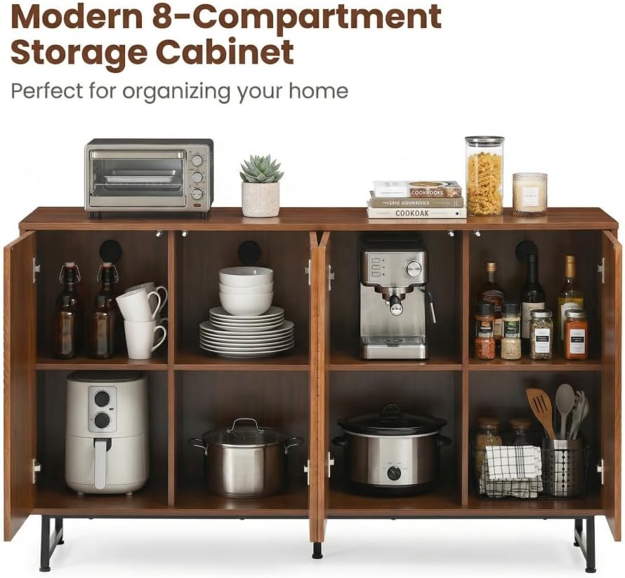 Saiveina Mid-Century Modern Walnut Sideboard Buffet Cabinet, 59 * 16 * 33 Inches Geometric Carved Storage Cabinet with Metal Legs, Multi-Purpose Credenza for Living Room, Dining Room, Entryway