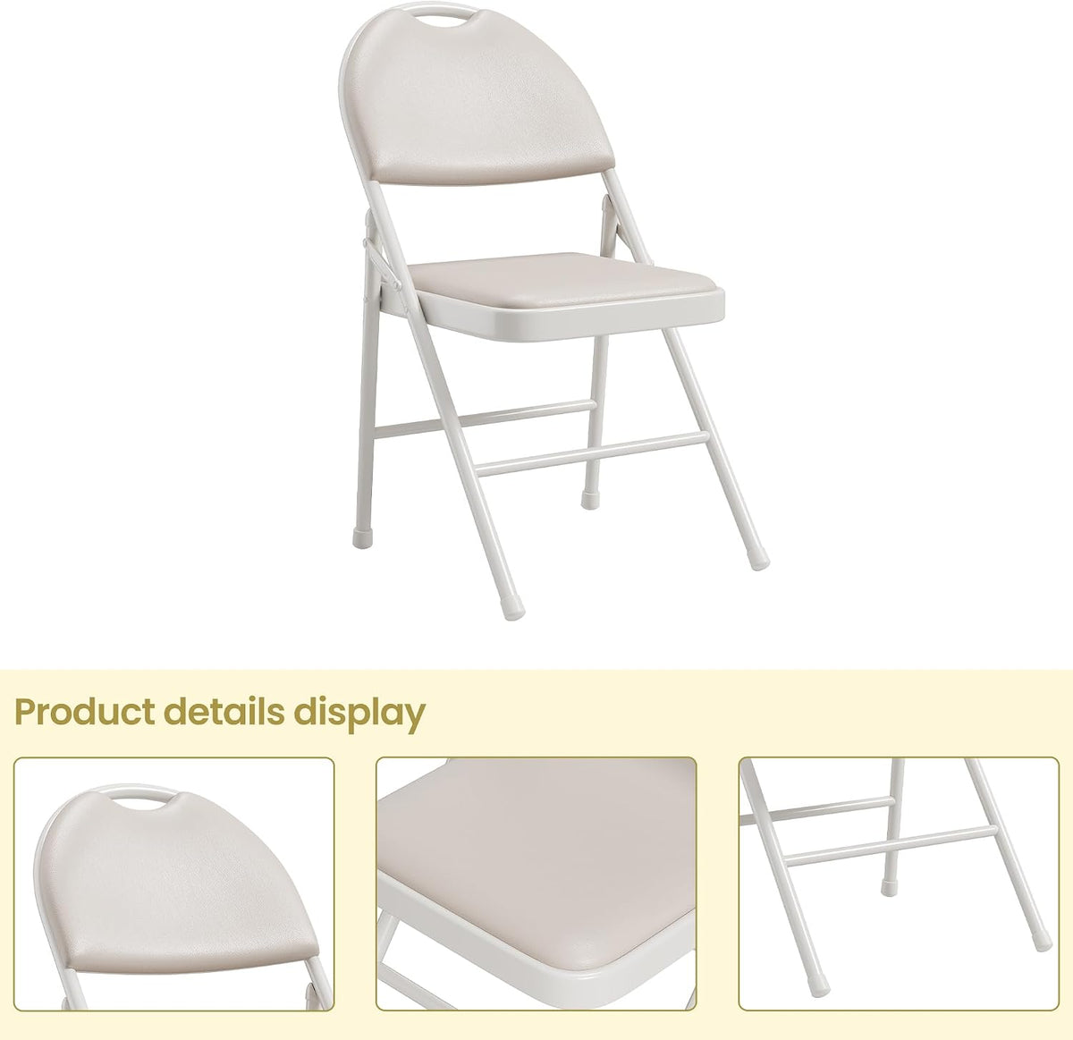 IDEALHOUSE 4 Pack Folding Chairs with PU Leather Padded Cushion, 350lbs Capacity, Lightweight Ergonomic Design, Metal Frame, Indoor Outdoor Portable Stackable Seats for Home Office Party Events, Beige