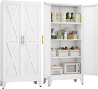 61" H Metal Kitchen Pantry Storage Cabinet, Freestanding Cupboard with 2 Doors and 3 Adjustable Shelves, Standing Storage for Kitchen, Bathroom, Garage, Dinning Room or Utility Room（White）