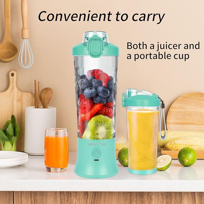 Mint Blue Personal Blender with 6 Blades, 20 Oz Travel Cup and Lid, USB Rechargeable for Shakes, Smoothies, Gym and Kitchen