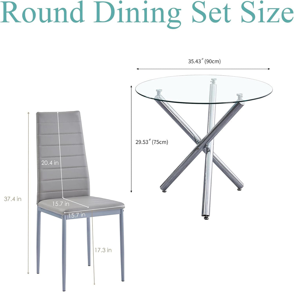 Round Glass Dining Room Set for 4 Modern Clear Silver Kitchen Table and Faux Leather Grayish Chairs Set Compact 5-Pieces Dining Table with Chair Set for Small Space/Apartment