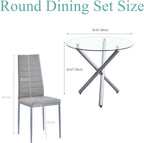Round Glass Dining Room Set for 4 Modern Clear Silver Kitchen Table and Faux Leather Grayish Chairs Set Compact 5-Pieces Dining Table with Chair Set for Small Space/Apartment