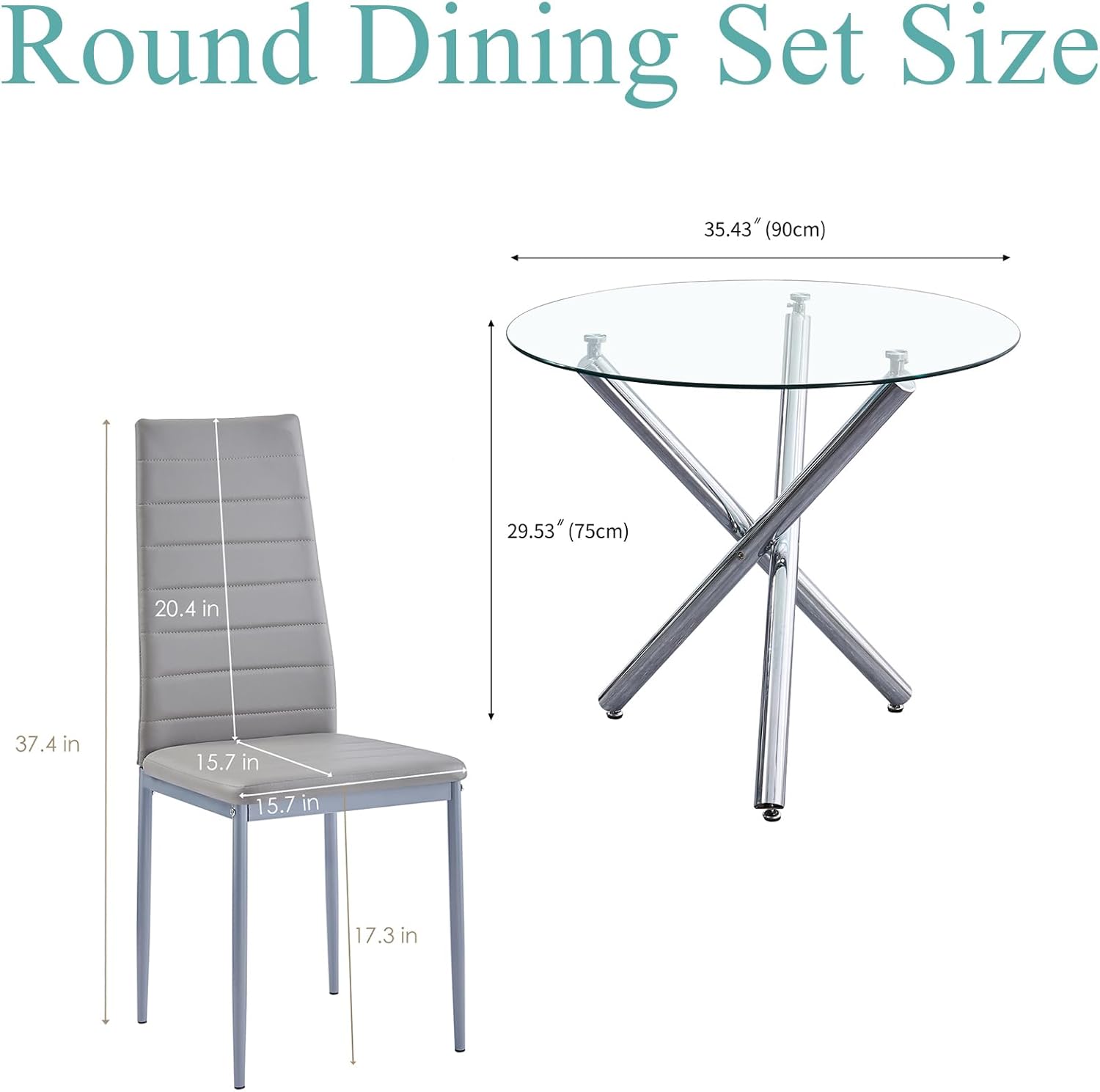 Round Glass Dining Room Set for 4 Modern Clear Silver Kitchen Table and Faux Leather Grayish Chairs Set Compact 5-Pieces Dining Table with Chair Set for Small Space/Apartment