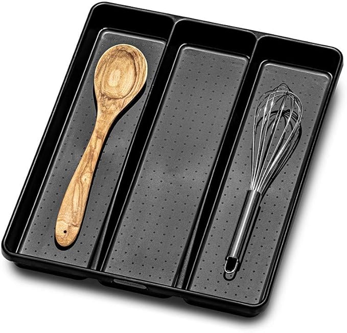 madesmart Classic 3-Compartment Plastic Utensil Tray for Drawers, Multipurpose Storage Tray Drawer Organizer, Carbon Large