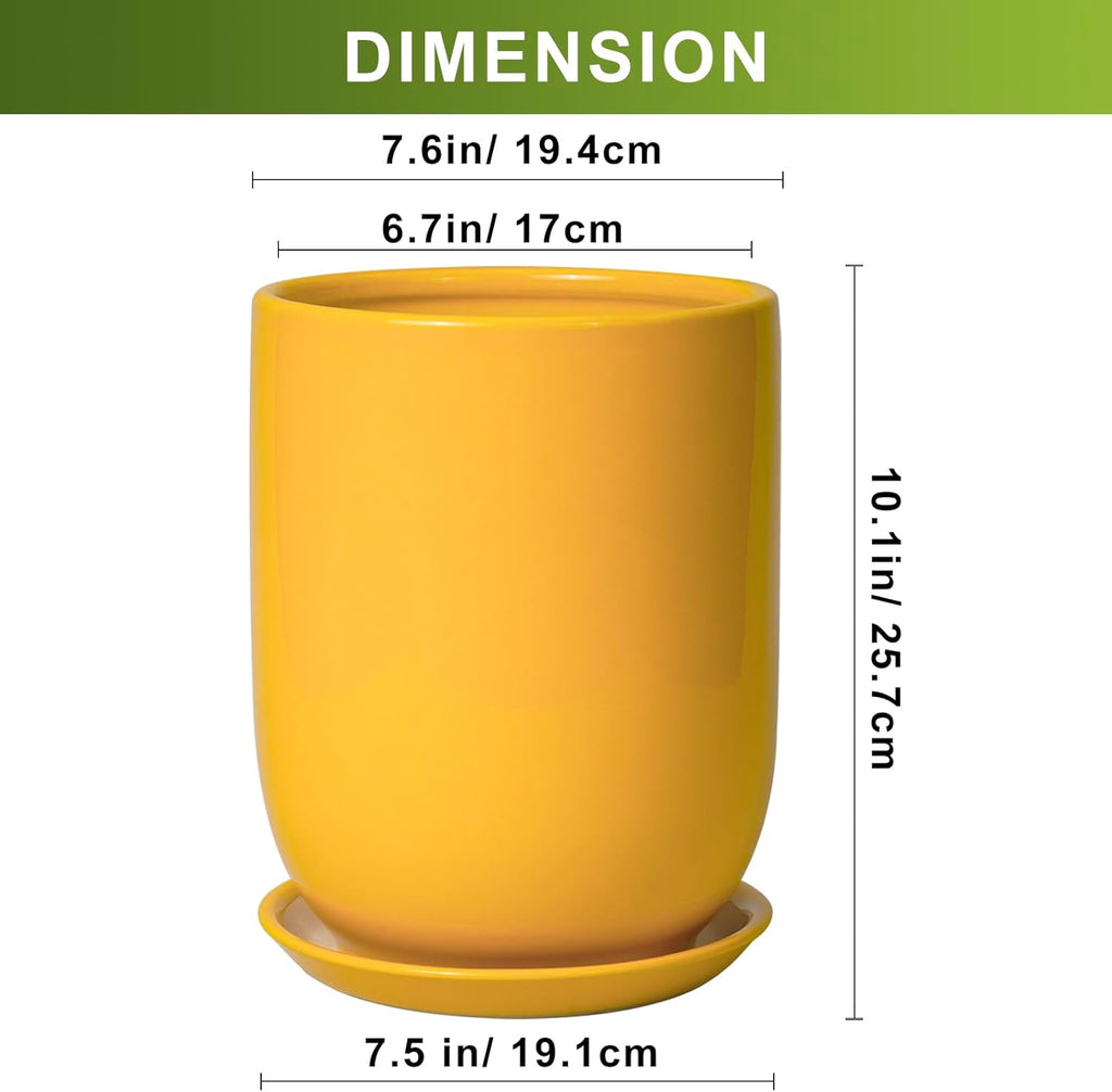 Plant Pot 8 Inch - Ceramic Plant Pot with Drainage Hole and Saucer Large Planter for Indoor Plants Outdoor Modern Flower Pot for Home Garden Decor Yellow