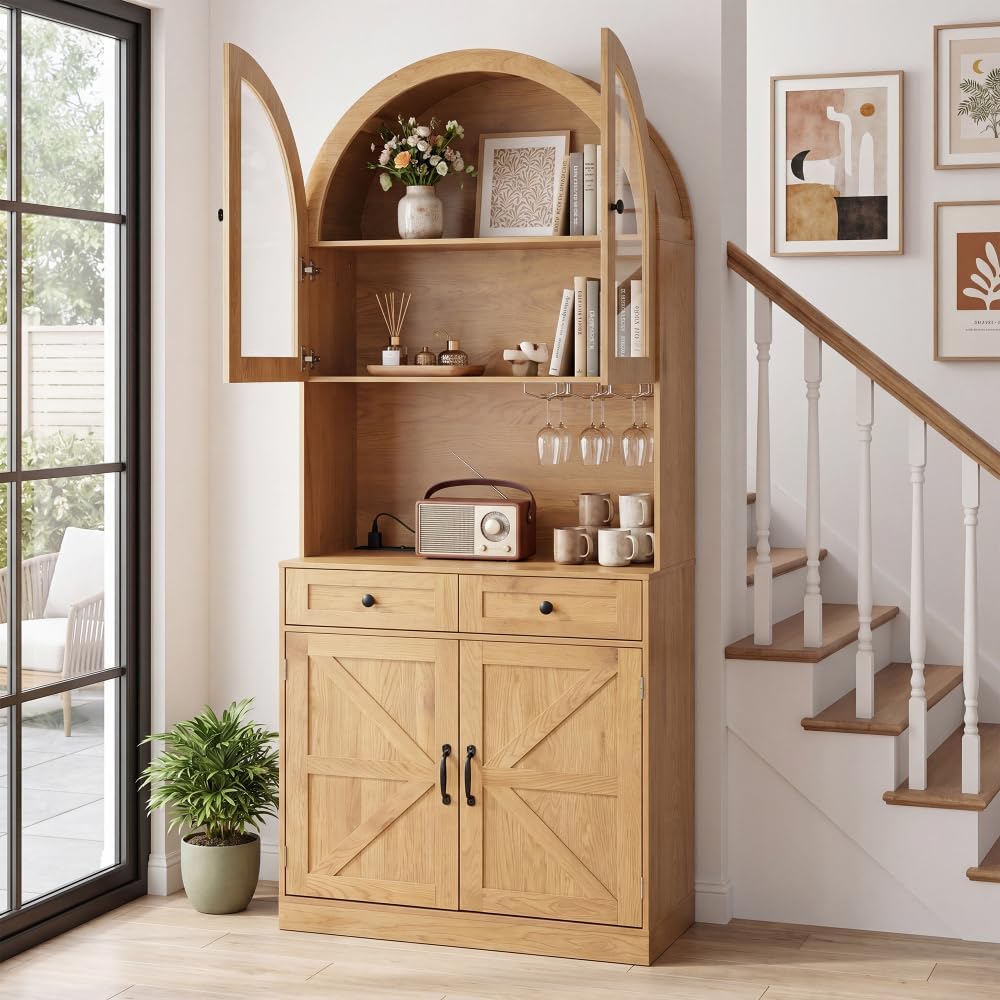 75" Farmhouse Tall Arched Pantry Cabinet with Charging Station, Adjustable Shelves, Coffee Bar Open Countertop, Oak (Oak + MDF)