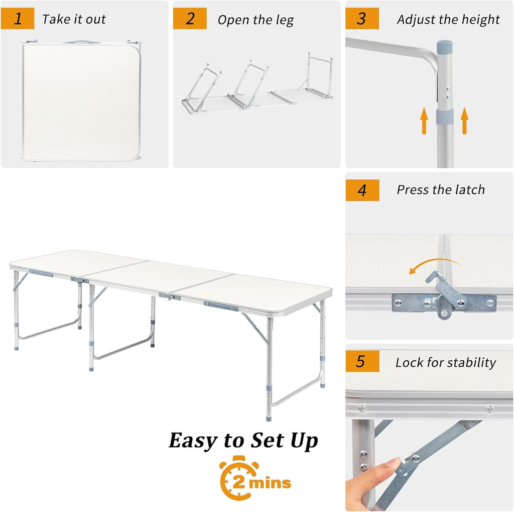 6FT Folding Dining Table, Portable Aluminum Picnic Table with Adjustable Height, Foldable Lightweight Collapsible Camp Table Desk with Carrying Handle for Indoor Outdoor Activities Events