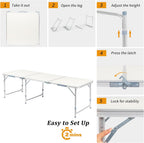 6FT Folding Dining Table, Portable Aluminum Picnic Table with Adjustable Height, Foldable Lightweight Collapsible Camp Table Desk with Carrying Handle for Indoor Outdoor Activities Events