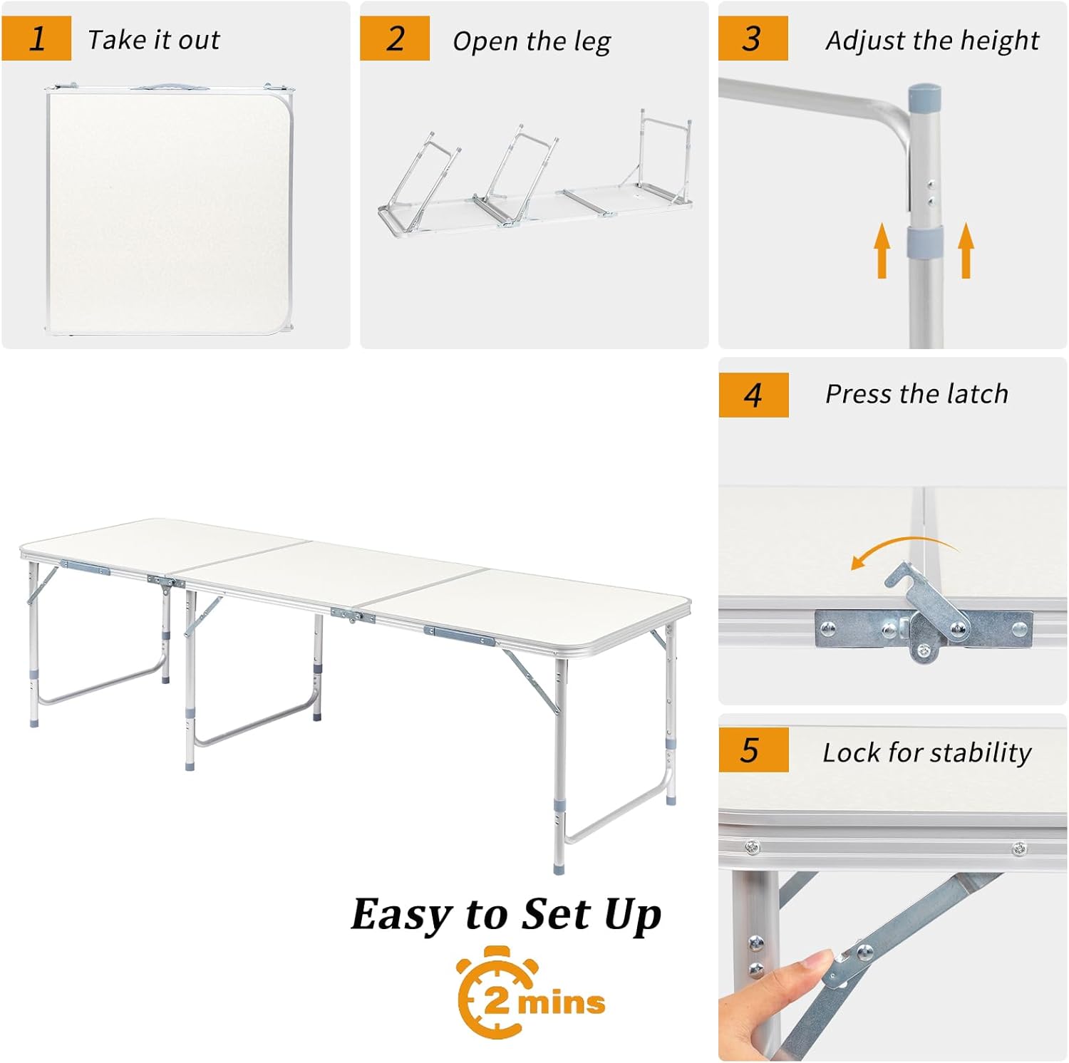6FT Folding Dining Table, Portable Aluminum Picnic Table with Adjustable Height, Foldable Lightweight Collapsible Camp Table Desk with Carrying Handle for Indoor Outdoor Activities Events