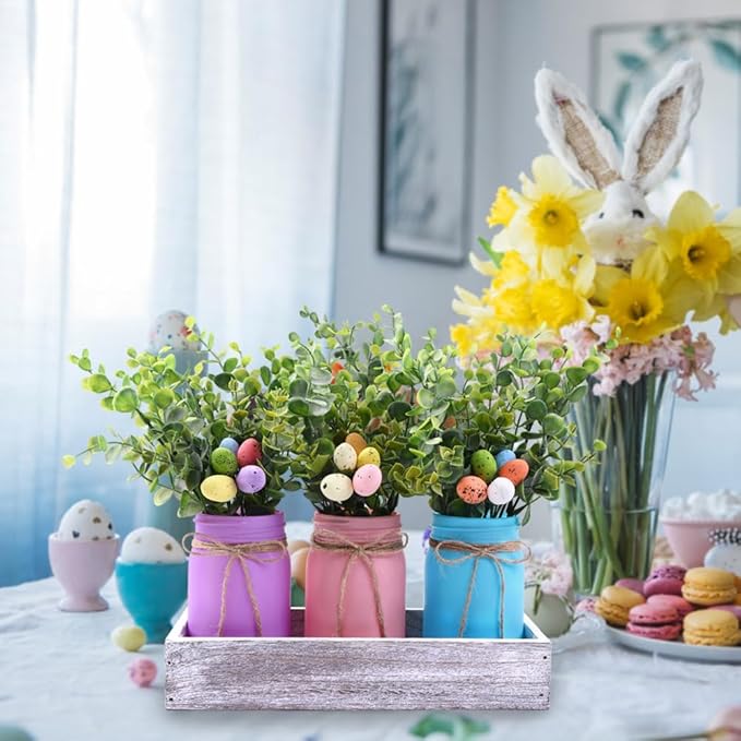 DIYDEC 3PCS Easter Mason Jars 3 * 5Inch Easter Painted Tiered Tray Decorative Jars with Wood Tray &Artificial Flowers Farmhouse Bottles for Holiday Spring Home Table Centerpiece Decor Gifts