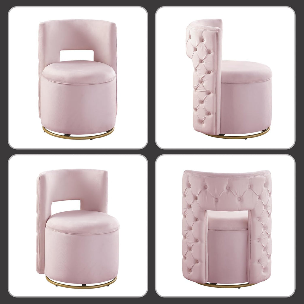 Swivel Chair with Storage for Living Room, Round Velvet Vanity Chair with Tufted Button Back, Pillow Included (Pink)