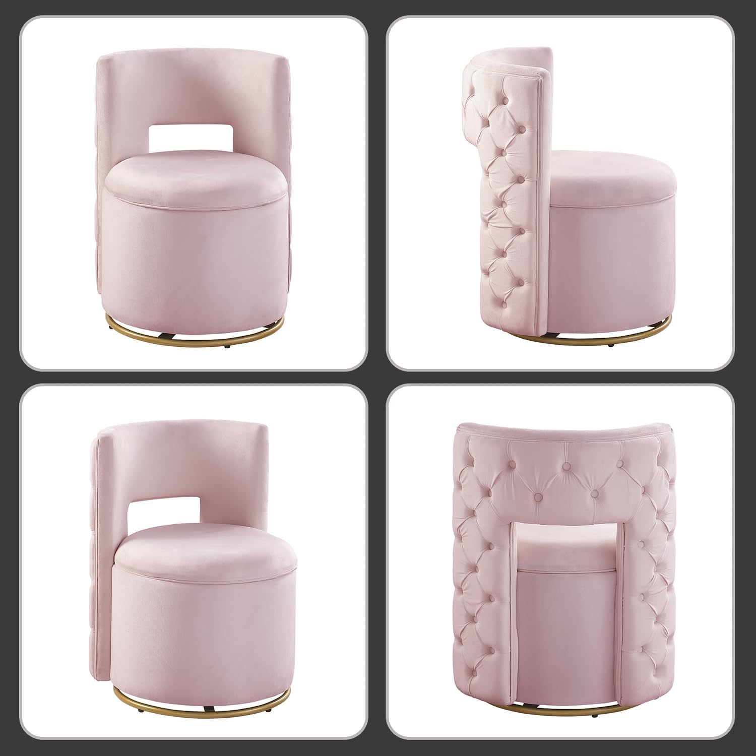Swivel Chair with Storage for Living Room, Round Velvet Vanity Chair with Tufted Button Back, Pillow Included (Pink)