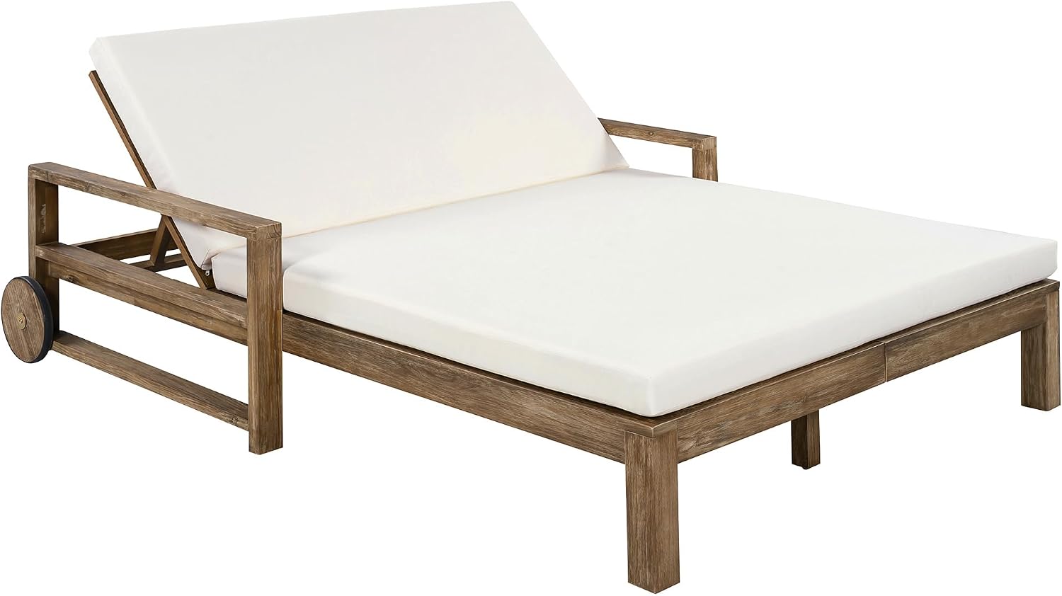 Merax Acacia Wood Outdoor Daybed Sofa, Farmhouse Patio Sun Lounger with Adjustable Backrest, High-Density Cushions & Removable Wheels, Weather Resistant for Garden, Poolside, Backyard, Beige