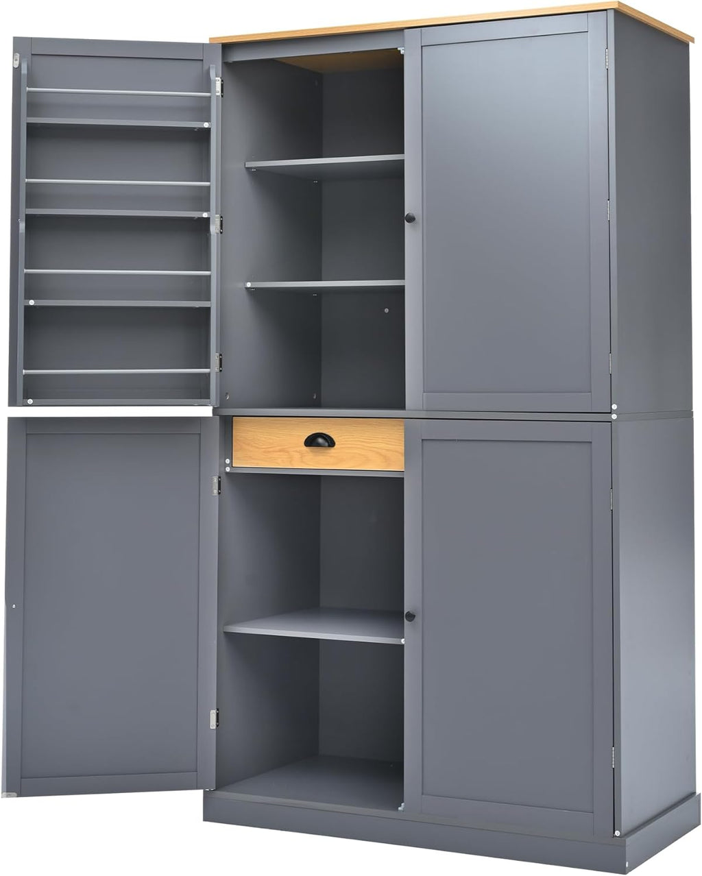 Kitchen Pantry Cabinet with Storage Drawers and 2 Adjustable Shelves, Freestanding Tall Cabinet with 8 Door Shelves, High Freestanding Kitchen Pantry, Gray