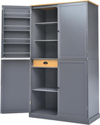 Kitchen Pantry Cabinet with Storage Drawers and 2 Adjustable Shelves, Freestanding Tall Cabinet with 8 Door Shelves, High Freestanding Kitchen Pantry, Gray