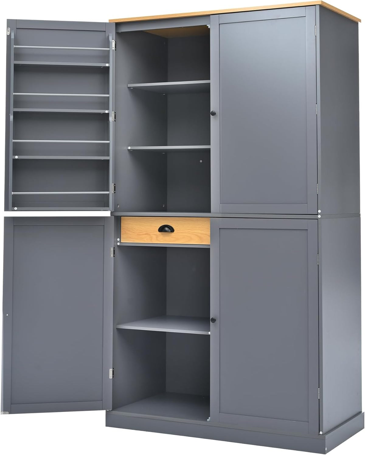 Kitchen Pantry Cabinet with Storage Drawers and 2 Adjustable Shelves, Freestanding Tall Cabinet with 8 Door Shelves, High Freestanding Kitchen Pantry, Gray