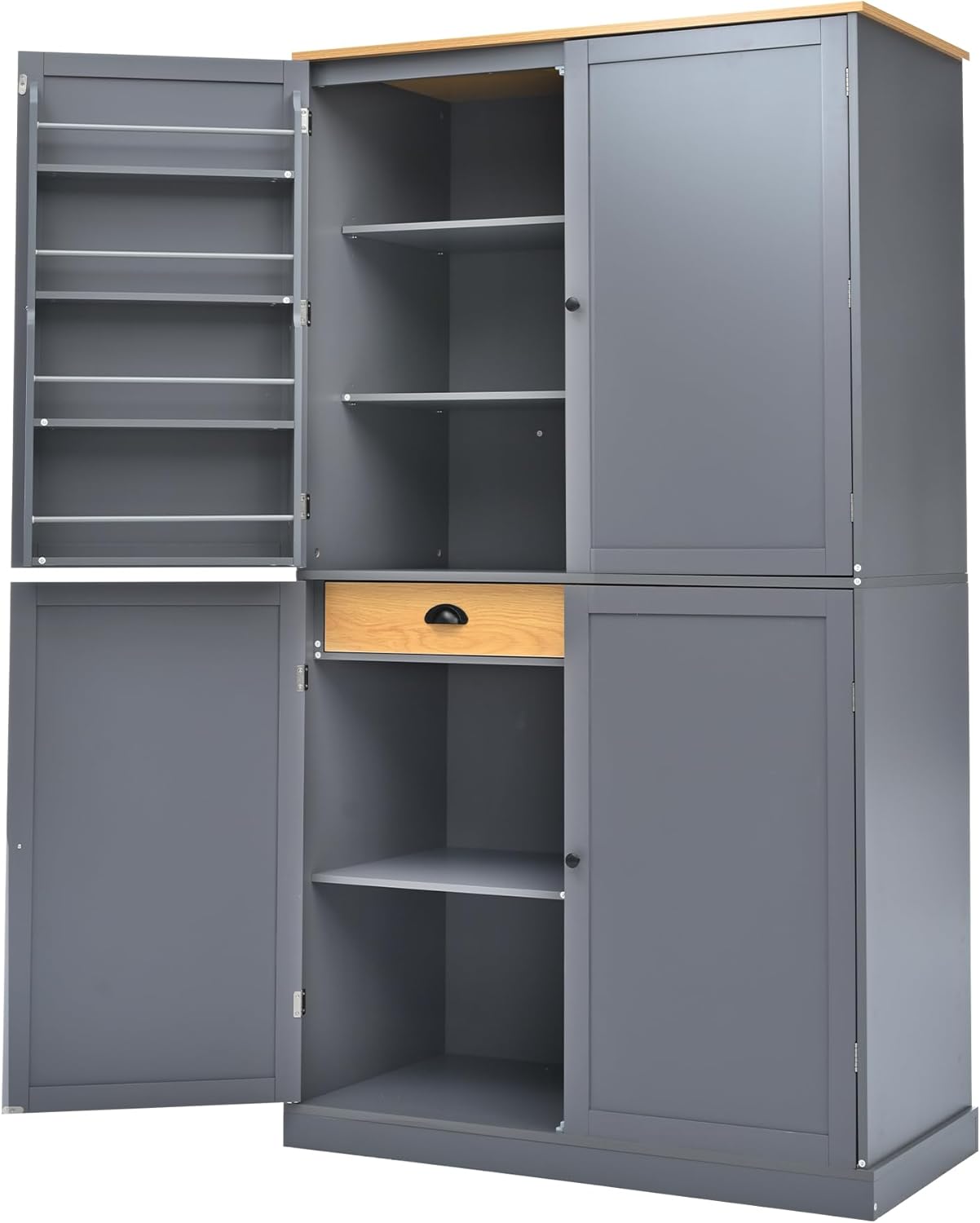 RUNNA High Freestanding Kitchen Pantry with 2 Drawers, 2 Adjustable Shelves, 8 Door Shelves, Large Cupboard Storage Cabinet for Dining Room (Gray#Large)