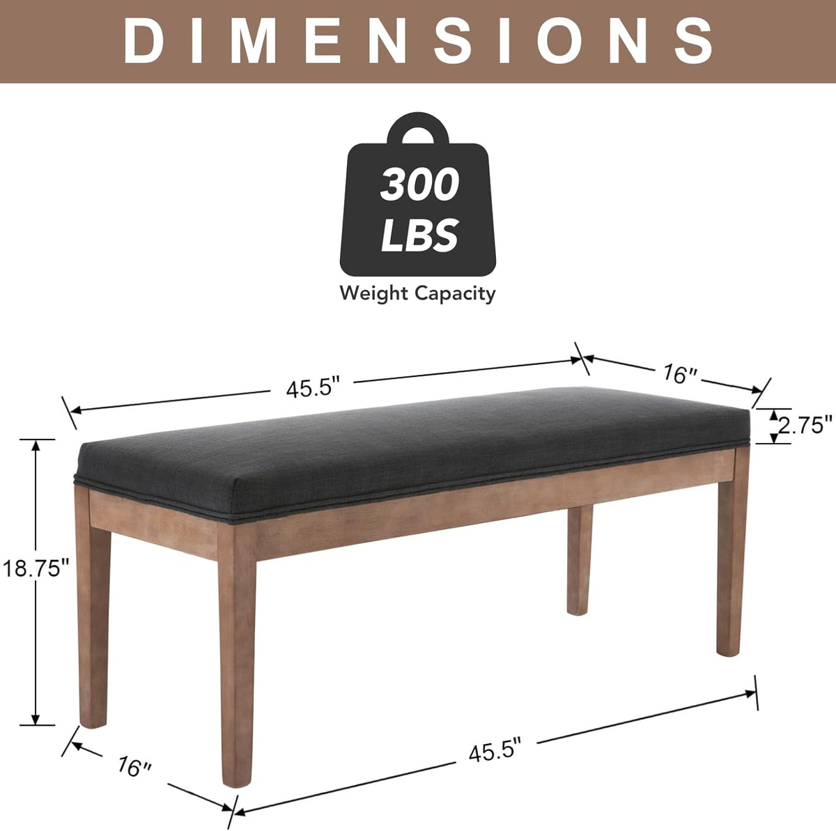 chairus Linen Upholstered Entryway Bench Dining Table Benches Farmhouse Shoe Bench Seat for Hallway Bedroom End of Bed Vintage 45.5" Wooden Leg Benches for Kitchen Restaurant Window, Charcoal