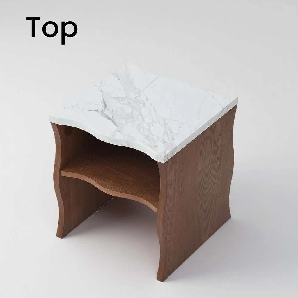 Mid-Century Modern Side Table,17.72" Whisper of Waves Design End Table with White Marble-Pattern Tabletop Open Storage Shelf and Solid Wood Veneered Base Bedroom Nightstand End Table for Living Room